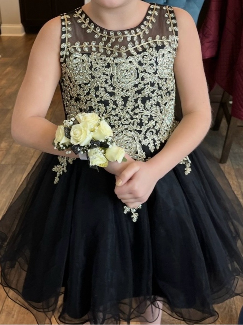 Black and Gold Embroidered Tulle Party Dress for Girls